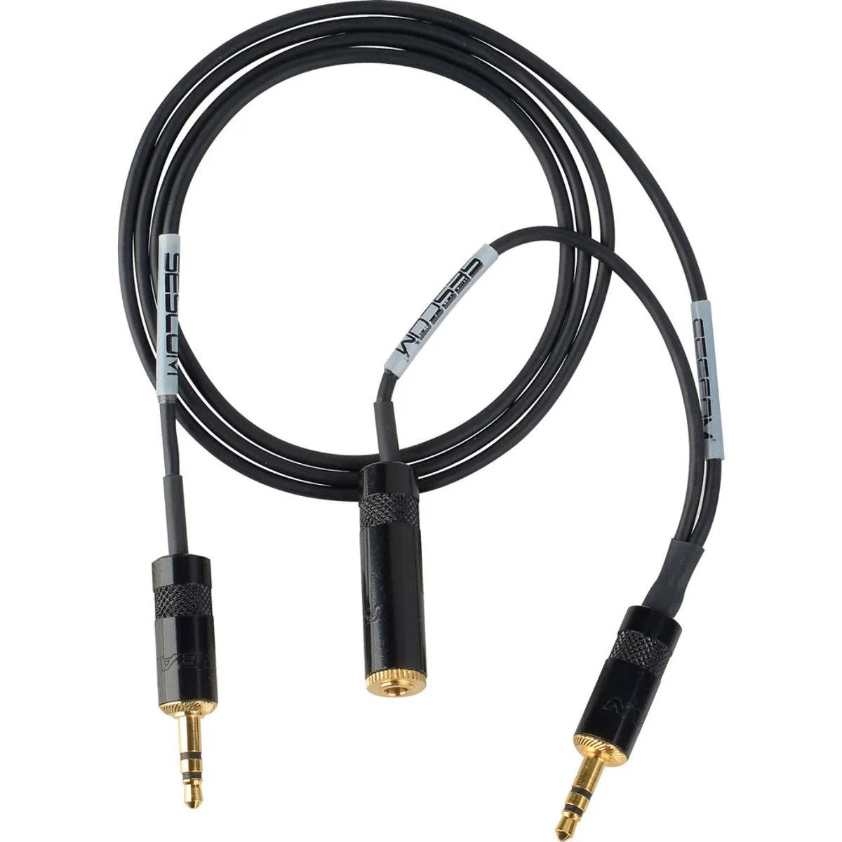 Black coiled cable with two gold 3.5mm plugs and headphone tap