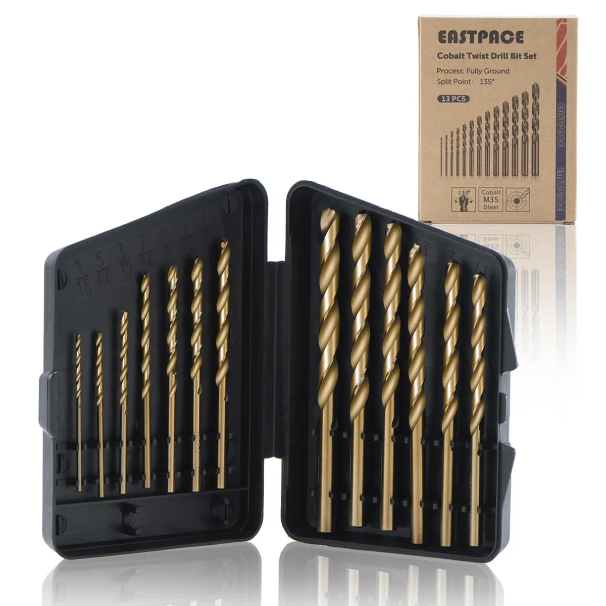 Thirteen cobalt steel twist drill bits in a compact plastic index case