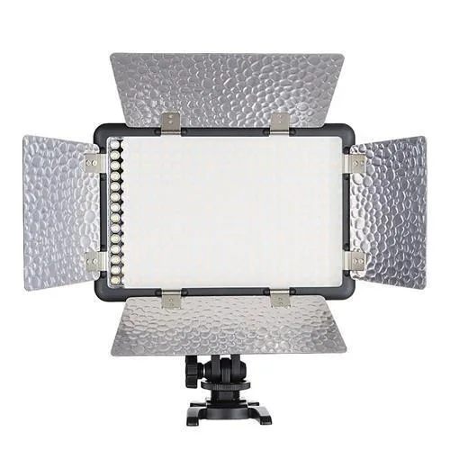 Rectangular tungsten LED panel with 308 bulbs, silver reflectors, tiltable cold shoe mount