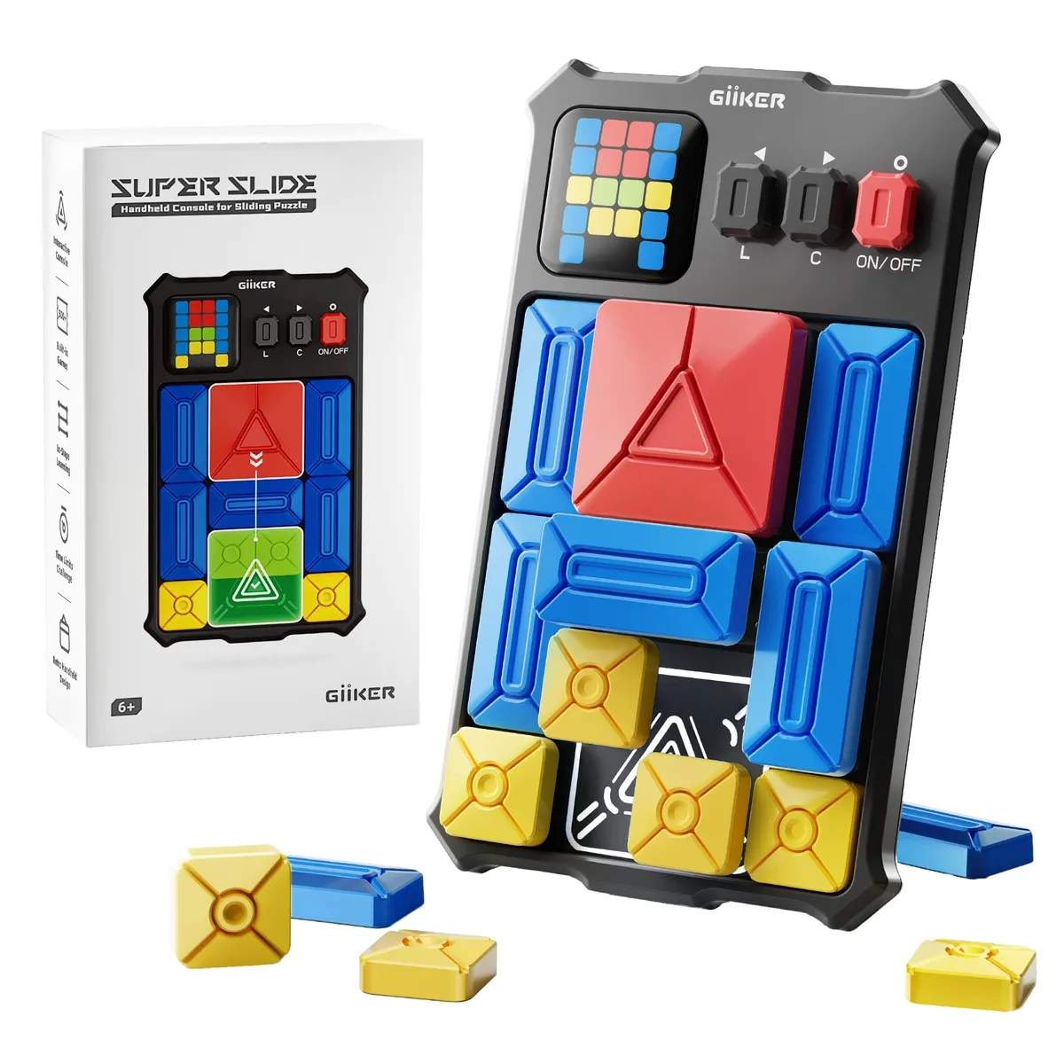 Black rectangular handheld sliding puzzle with LED screen and red square block
