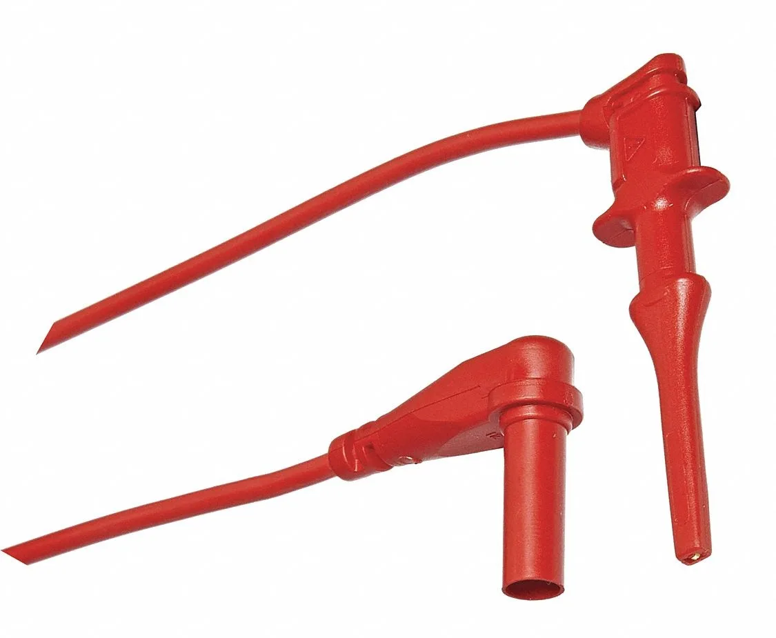 Red mini hook test lead with right-angle shrouded banana plug, 48 inch silicone wire