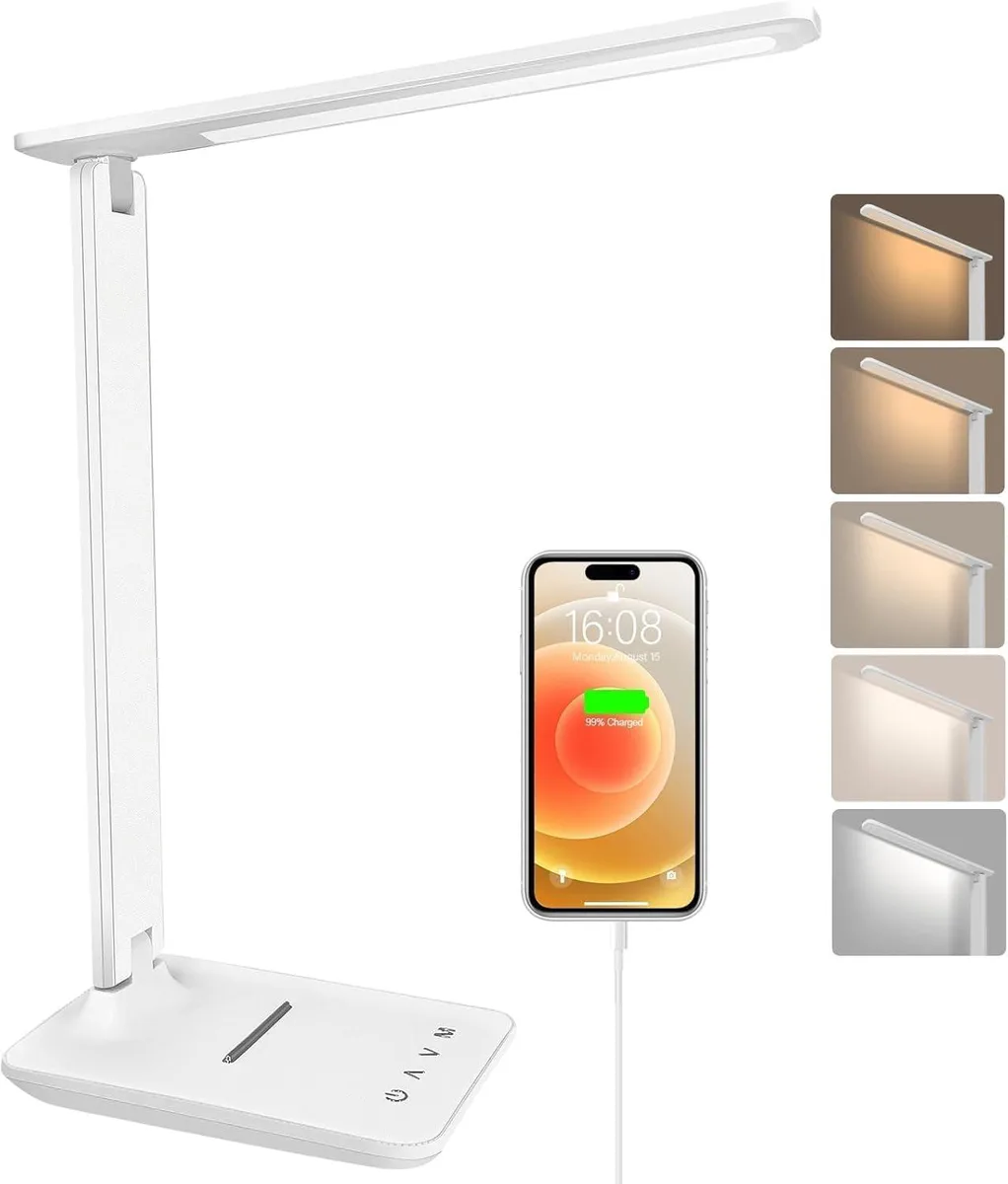 White foldable LED desk lamp with matte finish, frosted shade and USB port