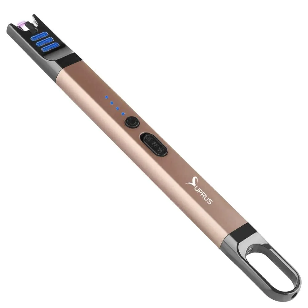 Champagne gold arc lighter with LED indicators and USB cable