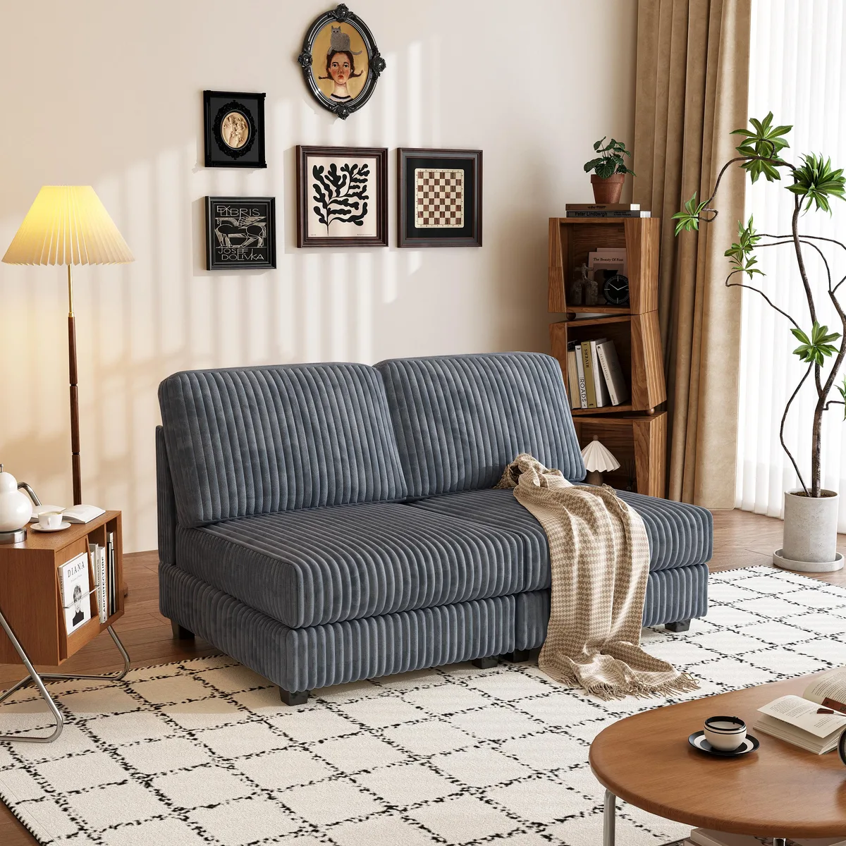 Dark grey corduroy two-seater sofa with wooden legs
