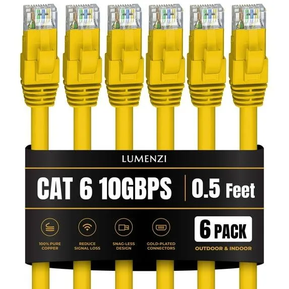 Lumenzi Lumenzi Cat 6 Ethernet Cable 0.5 ft Yellow 6 Pack 10 Gbps 550 MHz Shielded Snagless Bare Copper — product photo