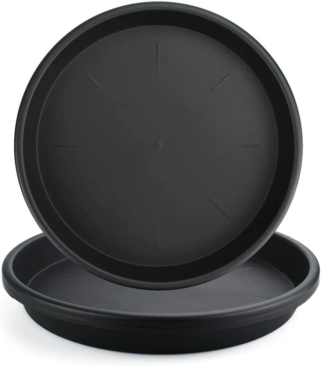 Three black plastic 12 inch plant saucers