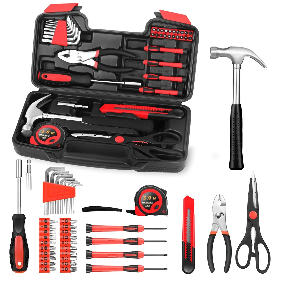 Red plastic case containing 39 steel hand tools including hammer pliers screwdrivers hex keys tape measure utility knife and scissors