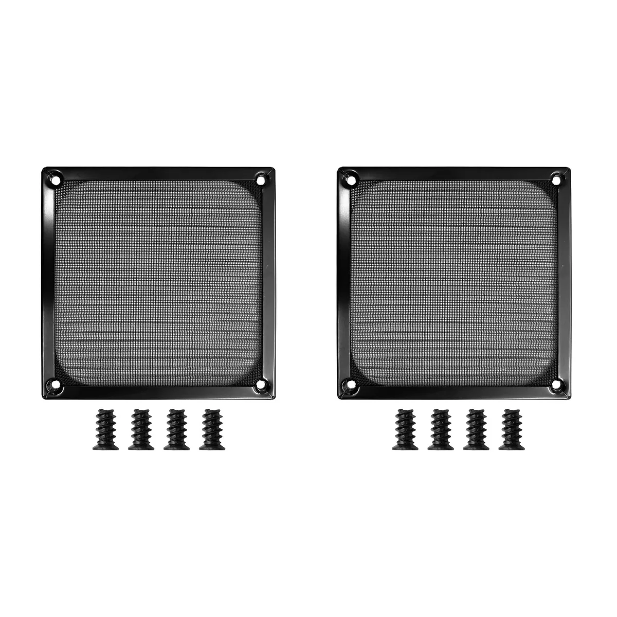 Two black 120 mm square fan dust filters with aluminium frames and stainless steel mesh, shown with mounting screws