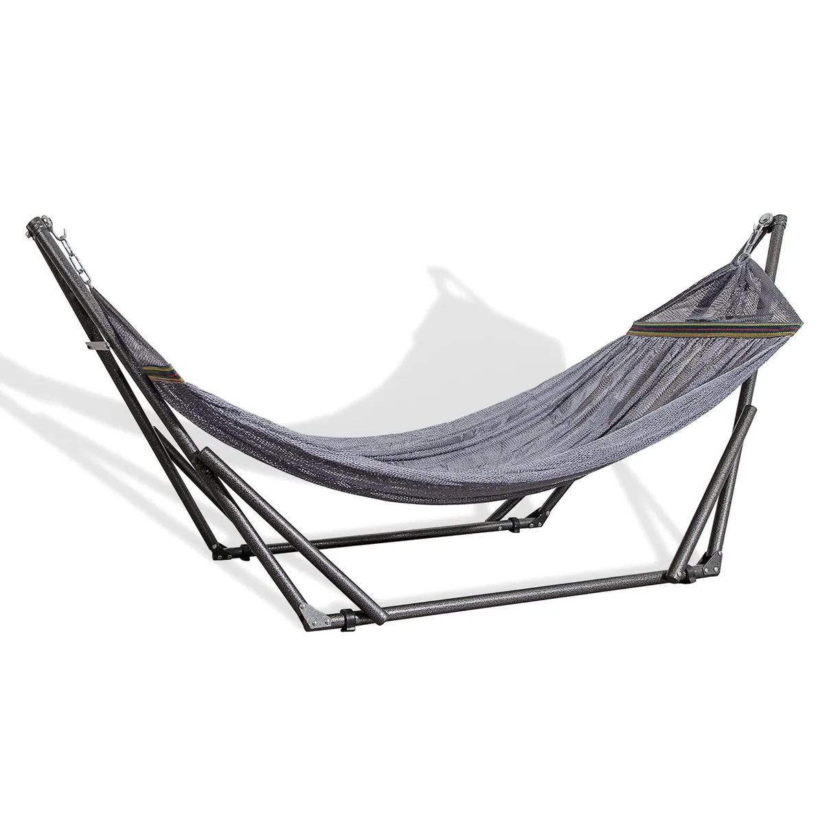 Grey polyester hammock on folded steel stand with carry bag