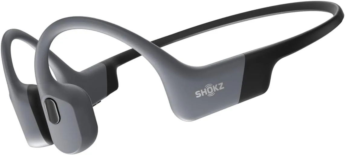 Grey open-ear bone conduction headphones with secure wraparound frame