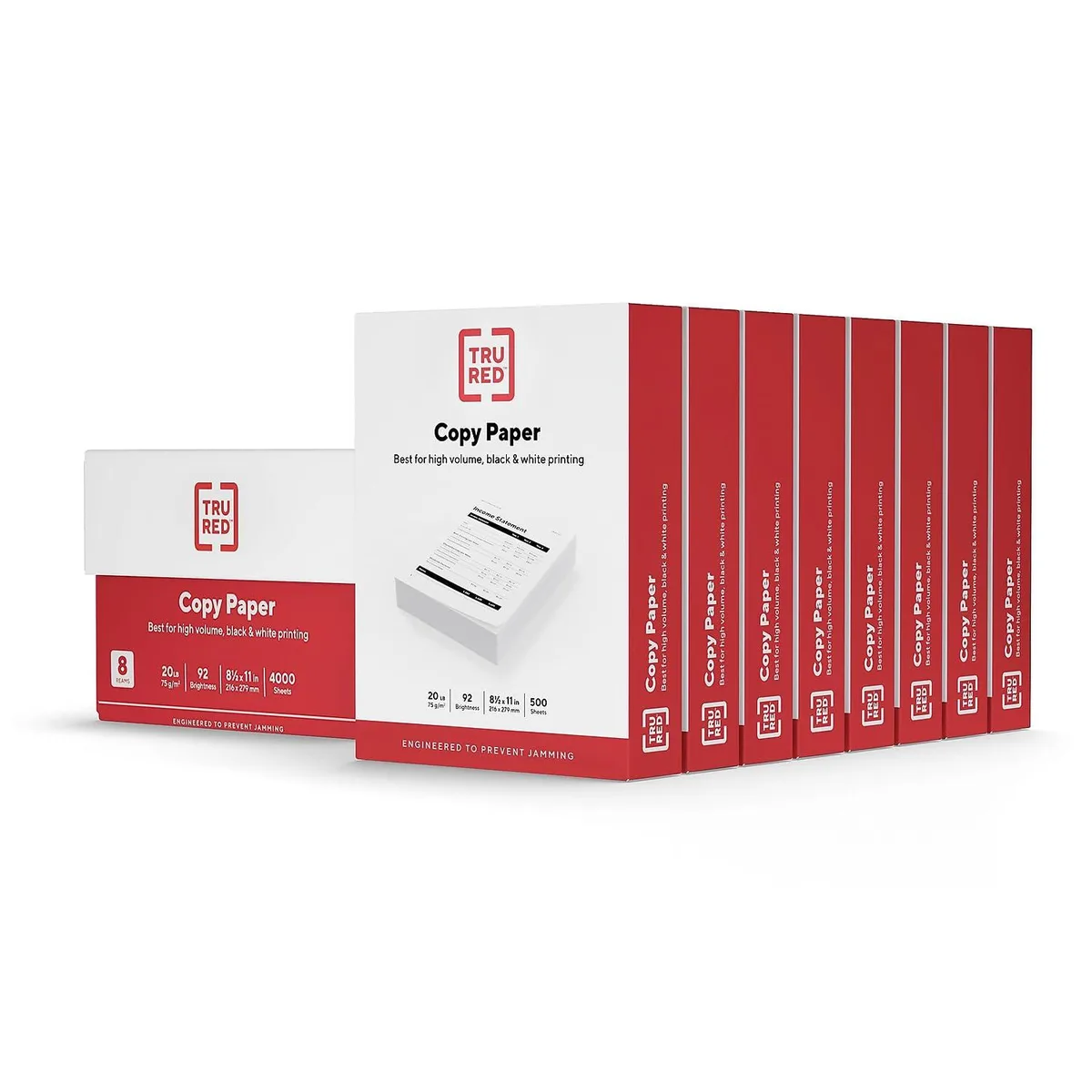 White matte copy paper reams in a carton, 8.5 by 11 inches, 4000 sheets total
