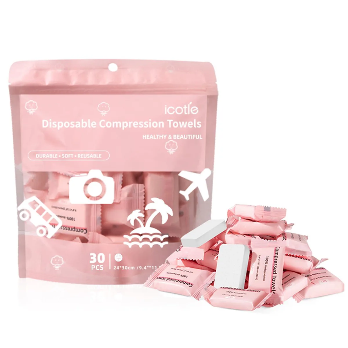 White compressed cotton towels in individual wrappers, thirty count