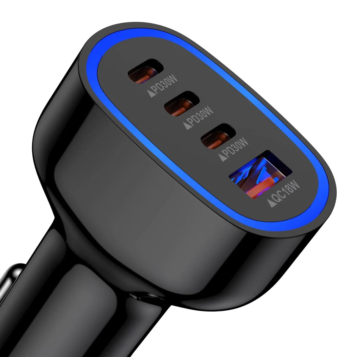 Compact black car charger with three USB-C ports and one USB-A port, blue LED ring around the 12V plug