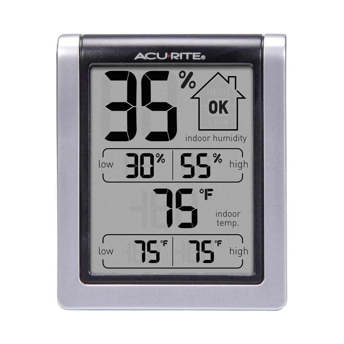 White rectangular digital thermometer with humidity display, magnetic back and kickstand, 3.2 ounces