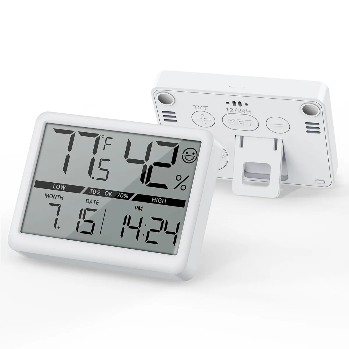 White rectangular digital clock showing temperature humidity date and time on LCD screen