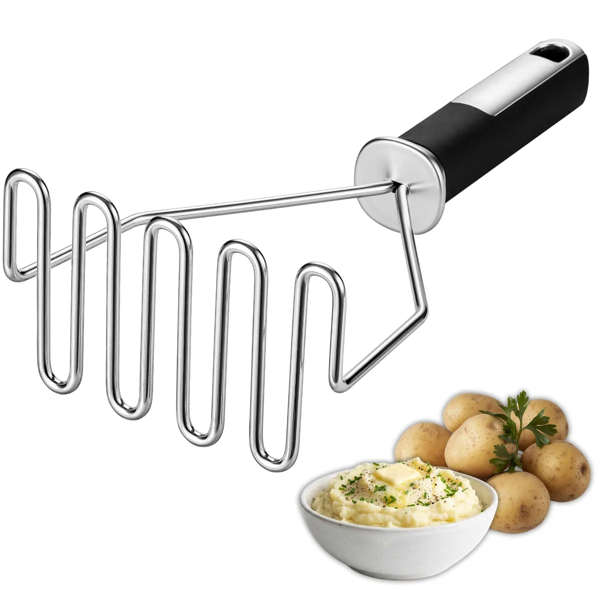 Black stainless steel potato masher, 10.27 in long with zig-zag head and soft-grip handle