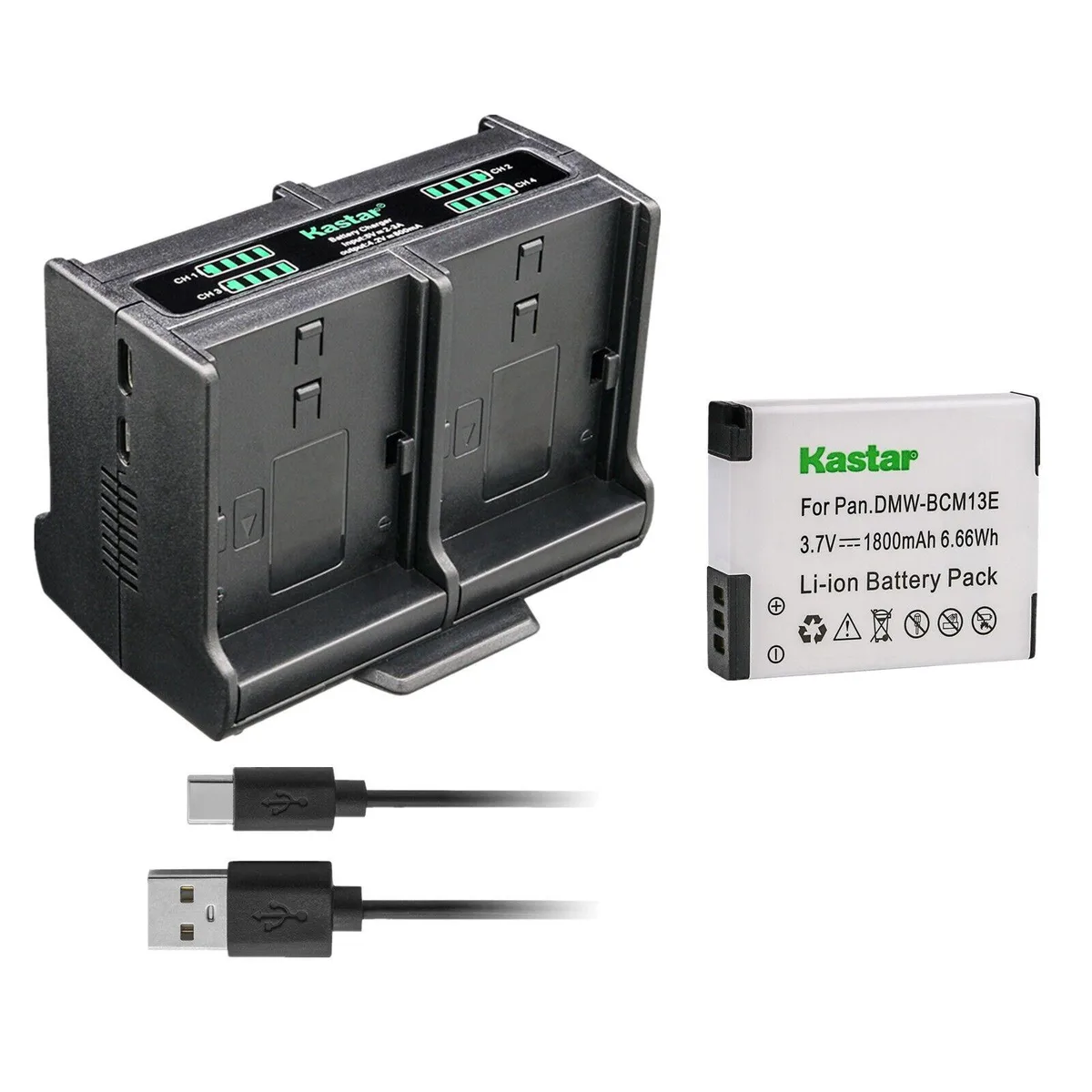 Kastar Kastar DMW-BCM13 battery and quadruple charger 1 pack camera battery — product photo