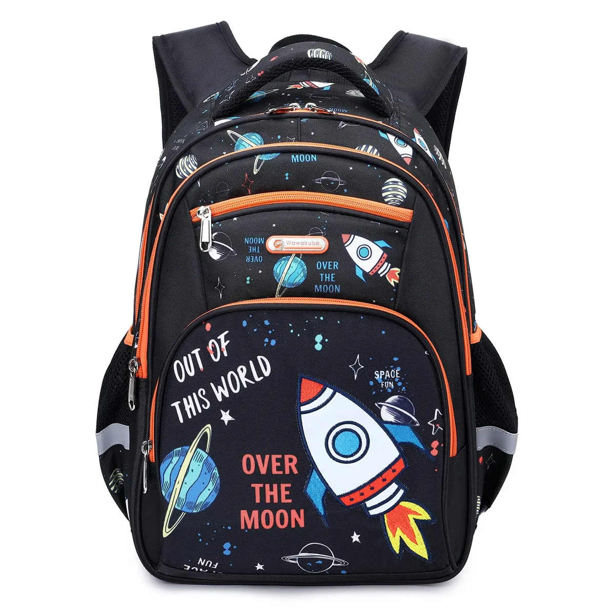 Light-blue 16-inch polyester backpack with cartoon print, padded straps and reflective tape
