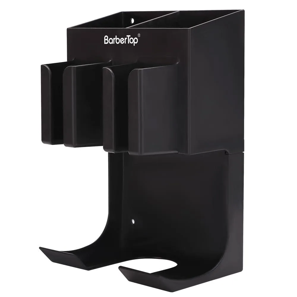 Wall-mounted black metal hair tool organizer with two stainless cups, slatted shelf, towel bar and hooks