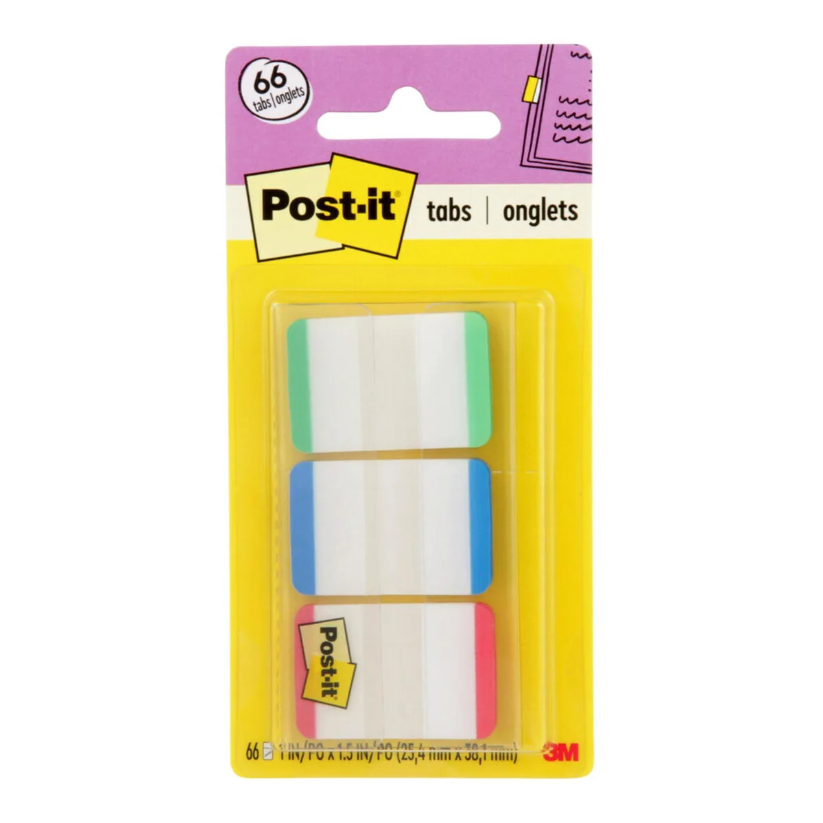 Three pads of repositionable sticky tabs in green, blue and red inside a clear dispenser