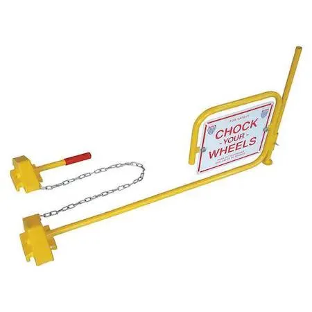 Yellow steel rail car wheel chock with flag and chain, double tread design