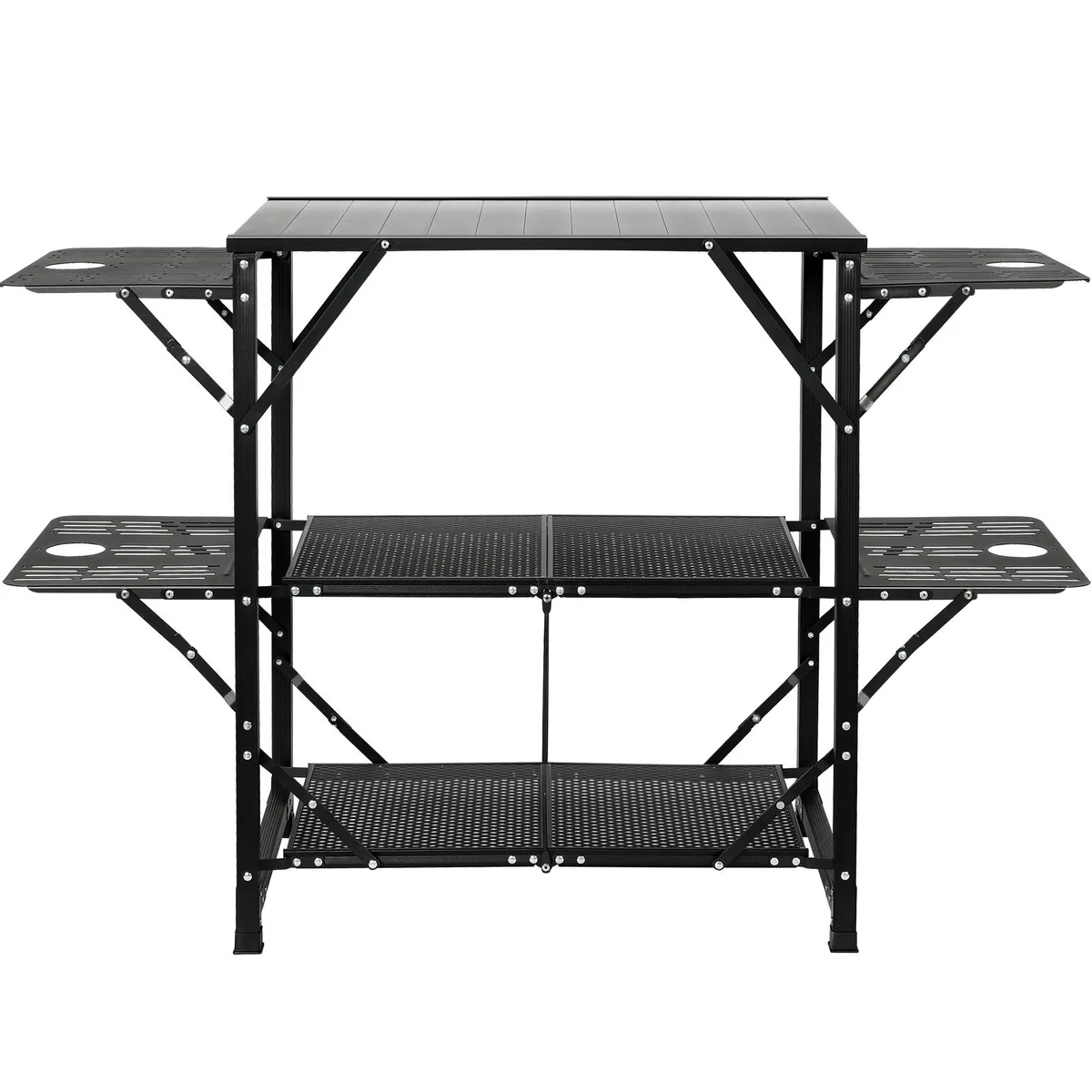 Folding aluminium camping kitchen table with four iron side tables, two shelves and carrying bag
