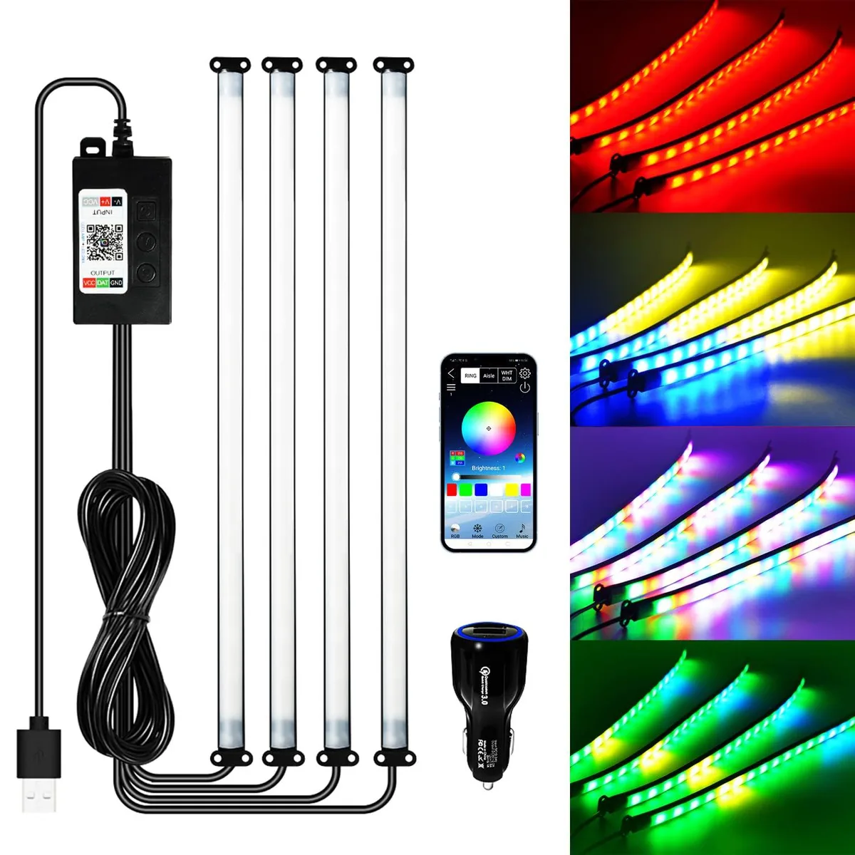 Four 13-inch flexible LED strips in milky white PVC housing with inline switch and USB power