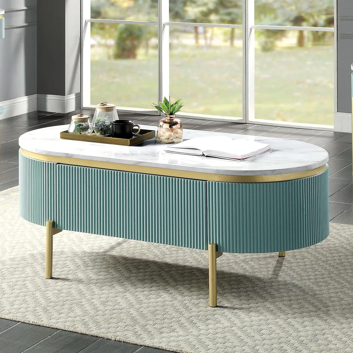 tuphen tuphen Glam Light Teal Coffee Table White Faux Marble Top With Drawer — product photo