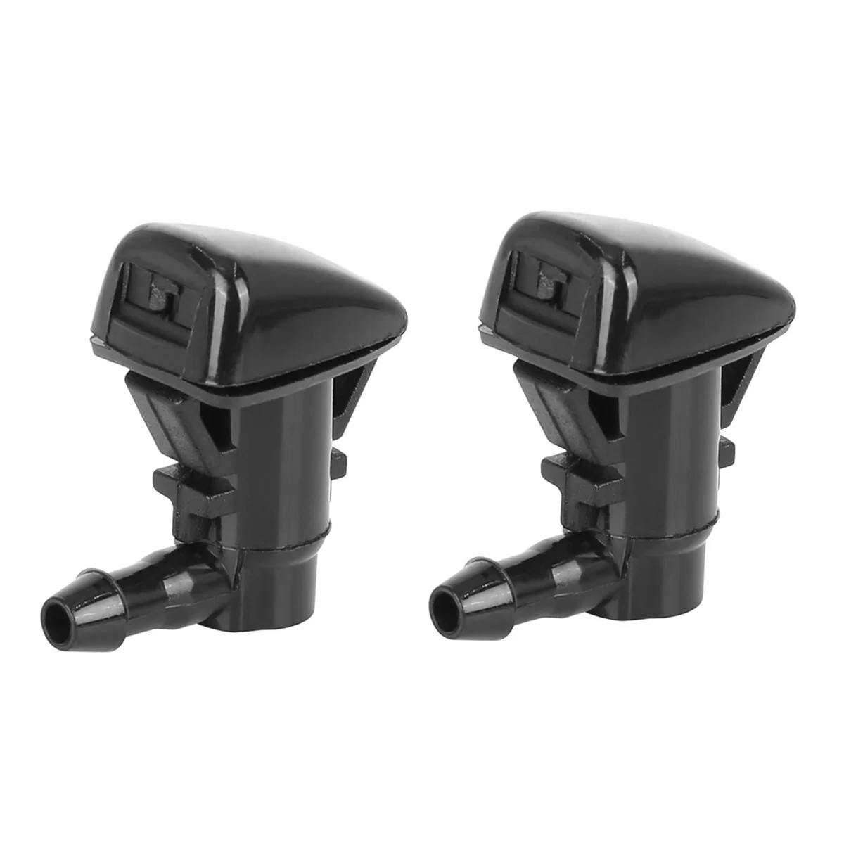 Two small black plastic front washer nozzles with single 2.9mm holes