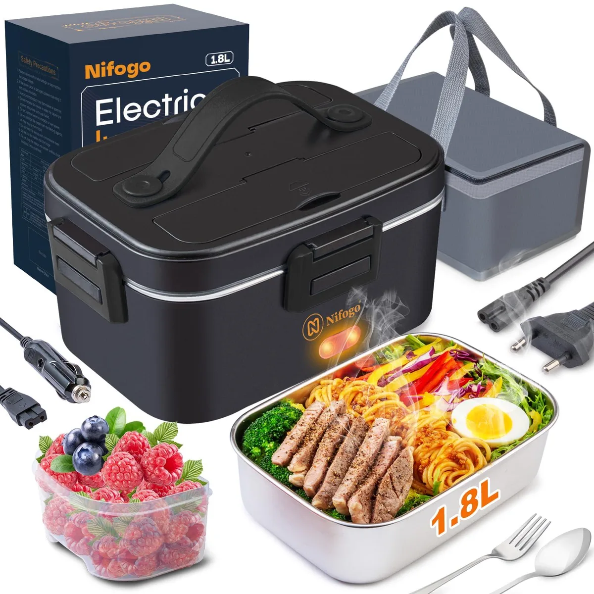 Black heated lunch box with silicone handle, removable stainless steel container and carry bag