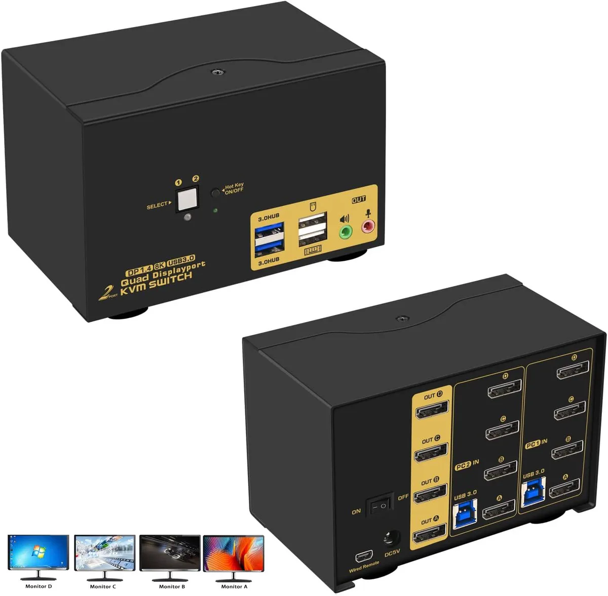 Hitoor Hitoor 2-Port DP 1.4 KVM Switch 2 PCs 4 Monitors 4K@144Hz 8K@30Hz USB 3.0 — product photo