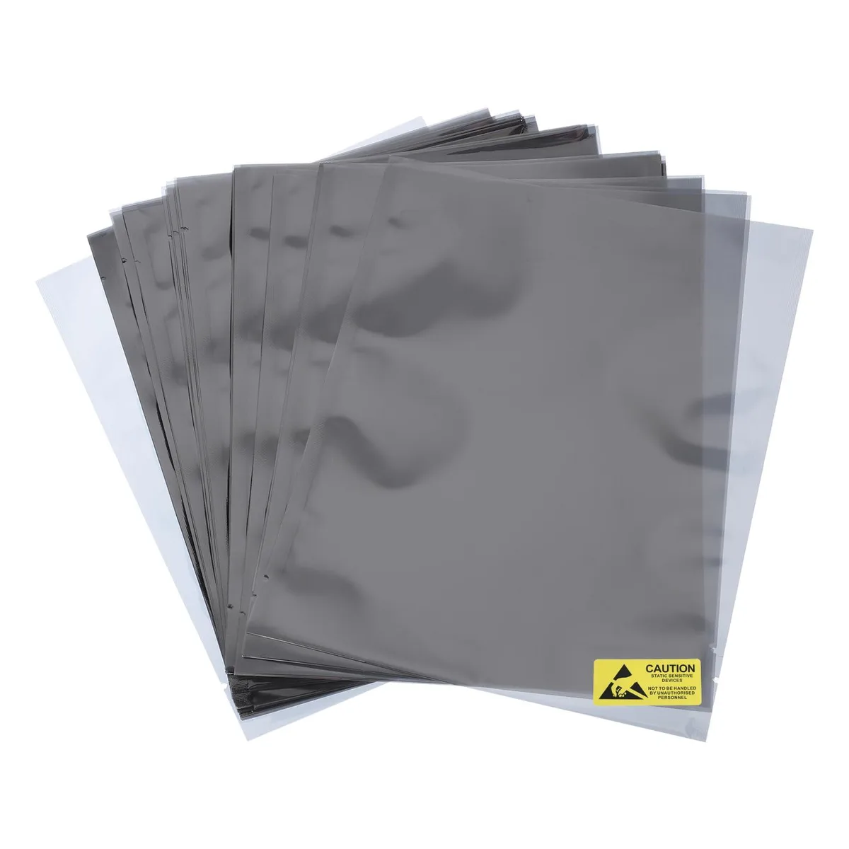 Stack of semi-translucent silver-grey ESD shielding bags, flat open-top, 150x200mm