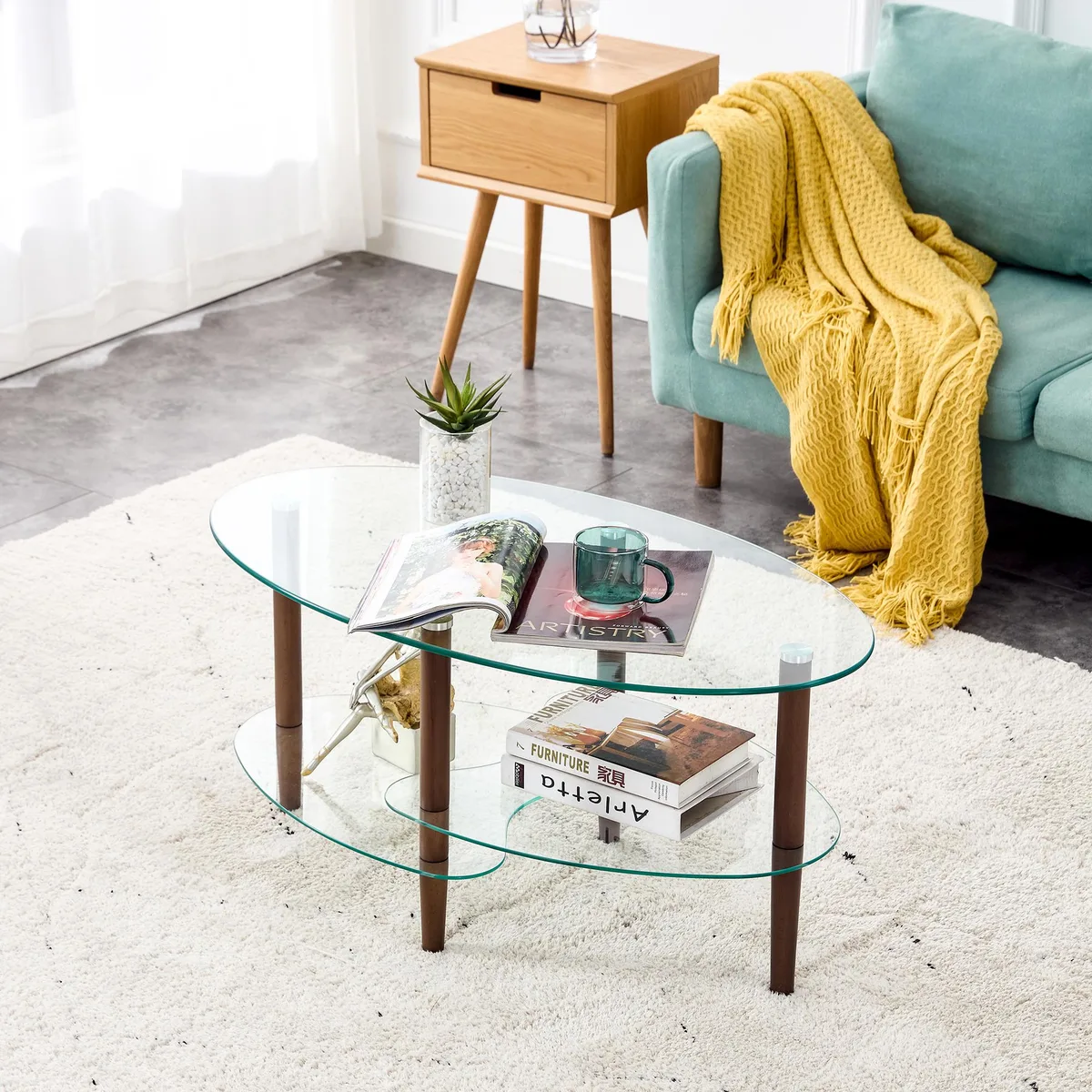 tuphen tuphen Transparent Oval Glass Occasional Table Oak Legs 35.44" x 19.7" x 17.72" 220lbs — product photo