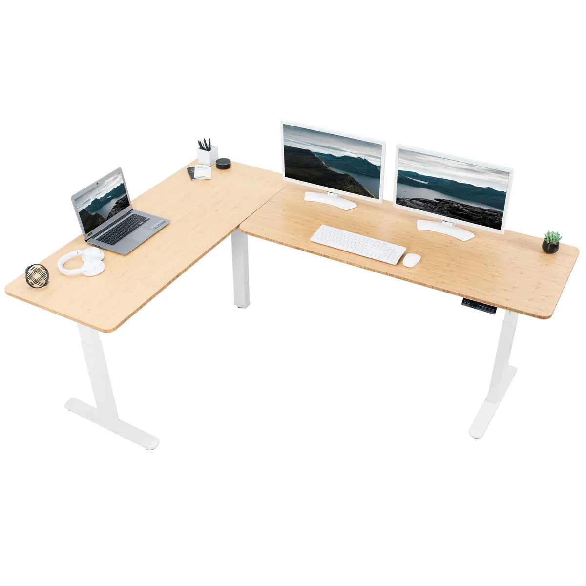 VIVO VIVO Electric Corner Desk 83" x 60" Bamboo/White Frame — product photo