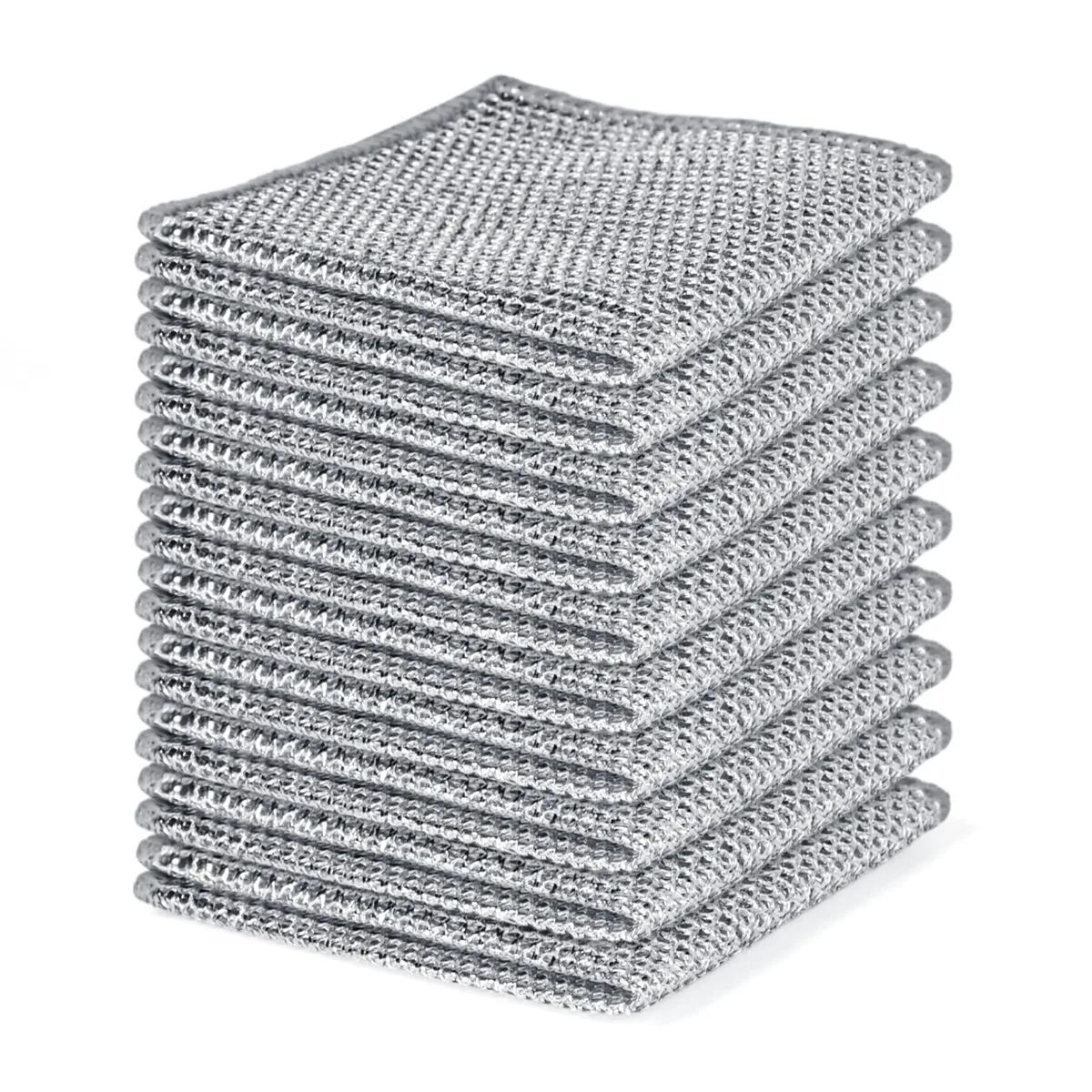 Ten white non-scratch steel-wool dishcloths in a bottle, each 7.87 by 7.87 inches