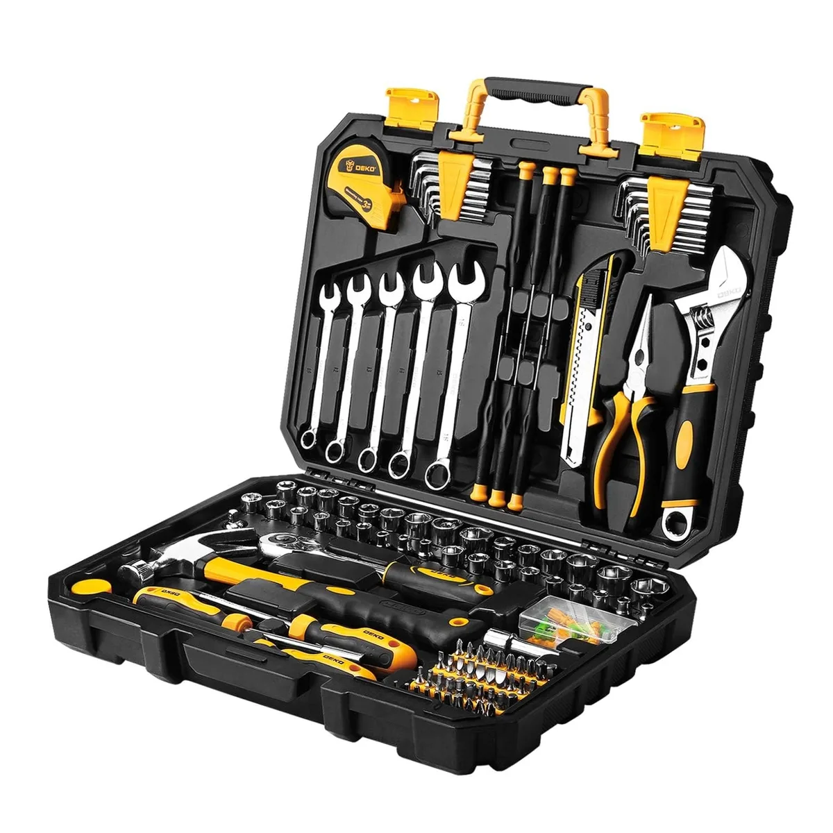 Silver plastic toolbox case, 15.7 x 11 x 3.4 inches, 158-piece hand tool set inside