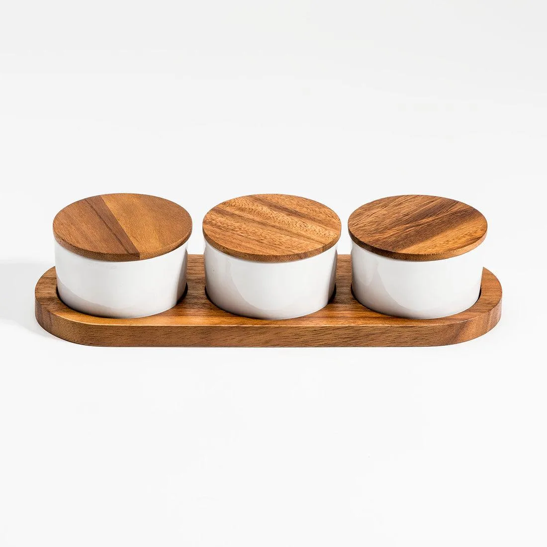 Kalmar Home Kalmar Home Ceramic Condiment Set 3 Bowls Acacia Wood Base White — product photo