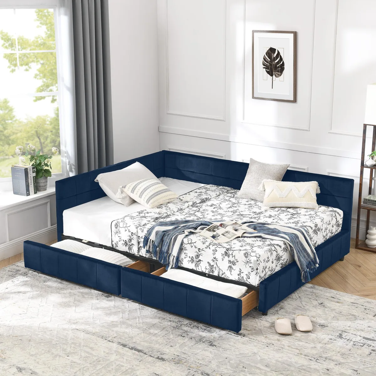 Dark blue velvet full-size tufted bed frame with backrest, armrest and under-bed drawers