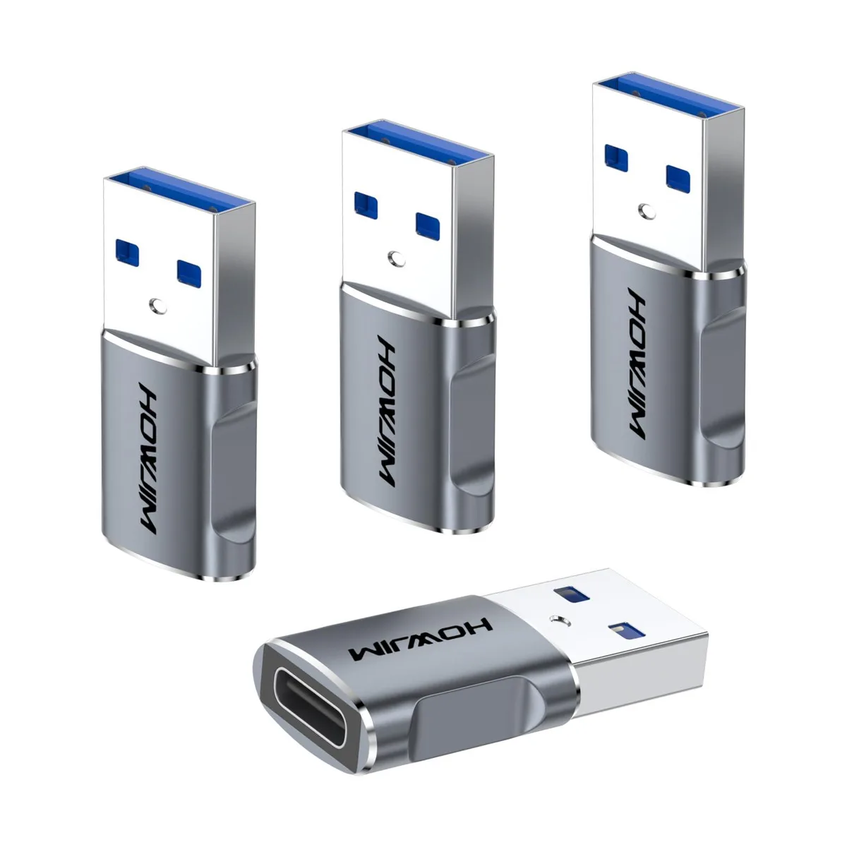 Four small gray USB-A to USB-C adapters side by side