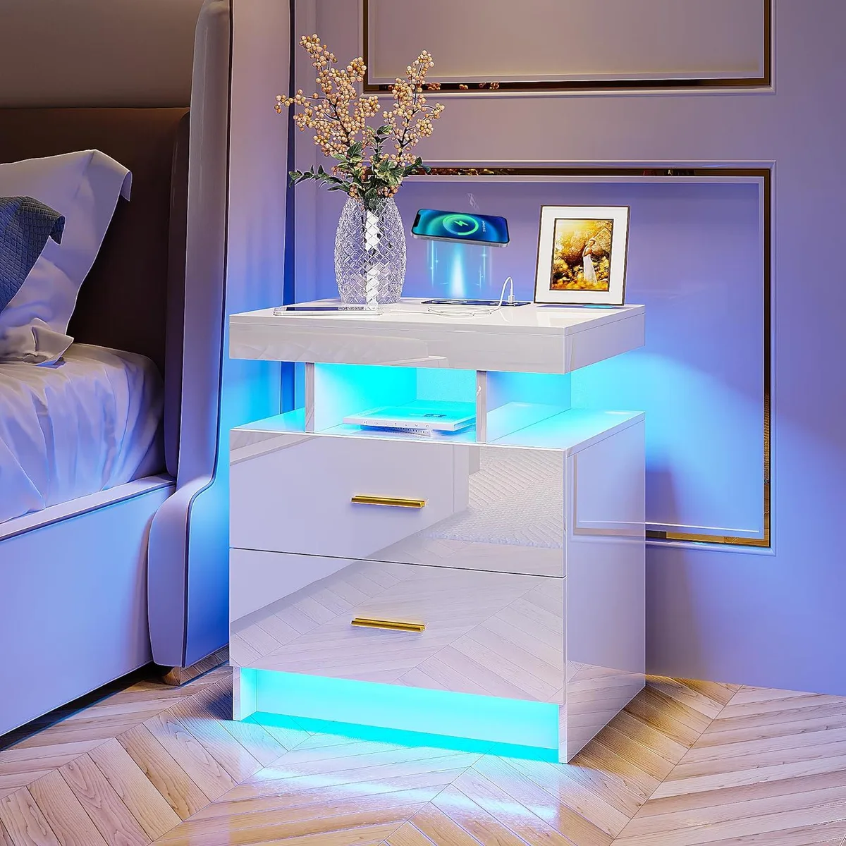 White high-gloss nightstand with two drawers, embedded LED strip, wireless charging pad and USB ports