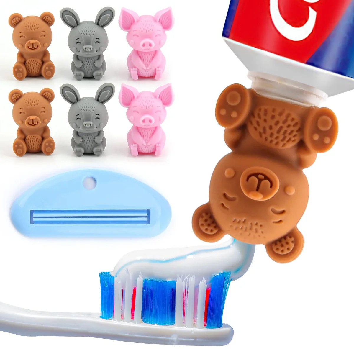 Six white blue mint green silicone toothpaste caps on white background