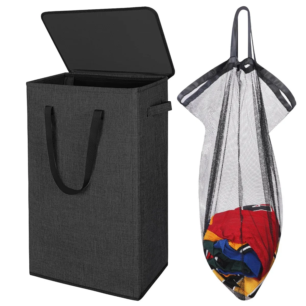 Tall black fabric laundry hamper with lid, four handles and removable mesh inner bag