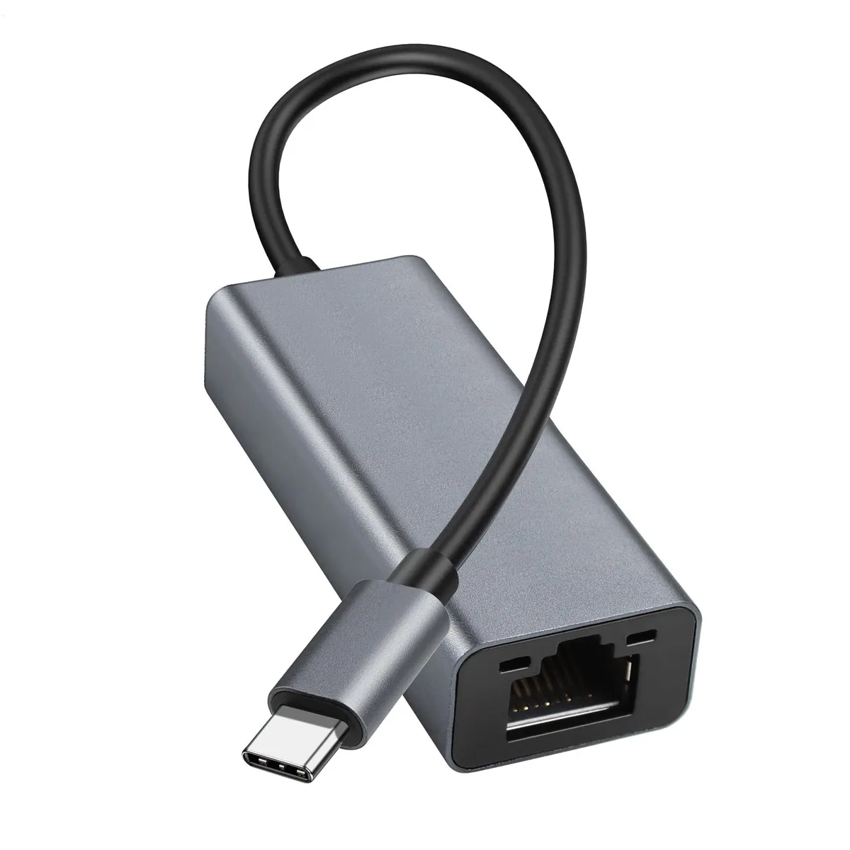 Gray USB-C to RJ45 adapter with aluminum finish, compact and lightweight