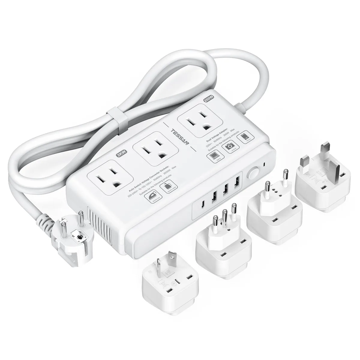 White rectangular voltage converter with detachable power cable and four international plug adapters
