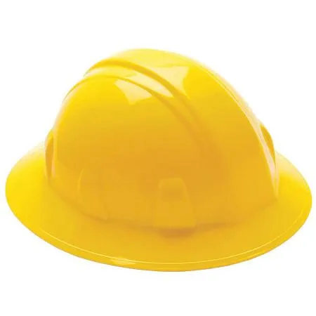 Yellow full brim hard hat with ratchet suspension