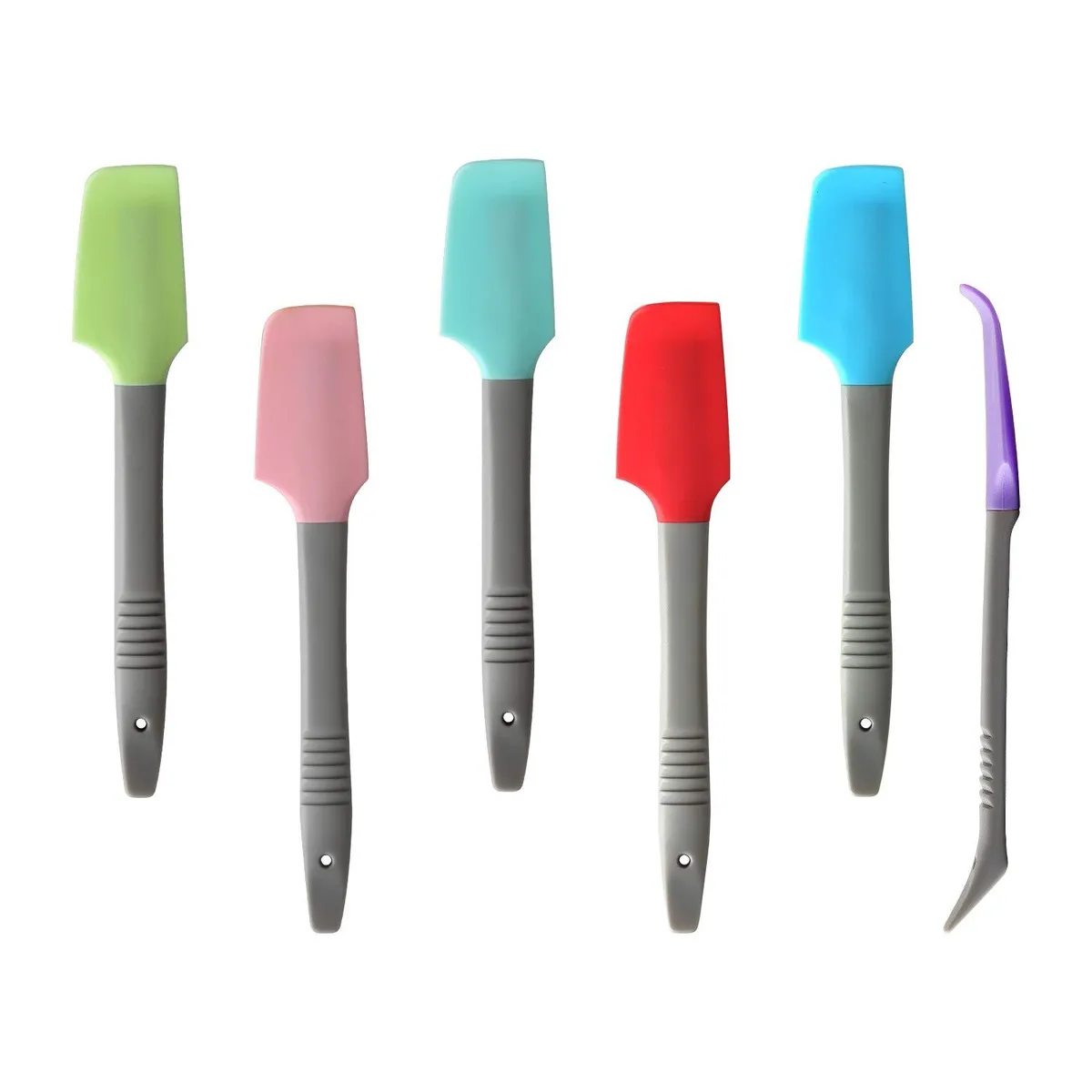 Six brown silicone mini spatulas with curved edges and plastic handles, 7.3 inches long
