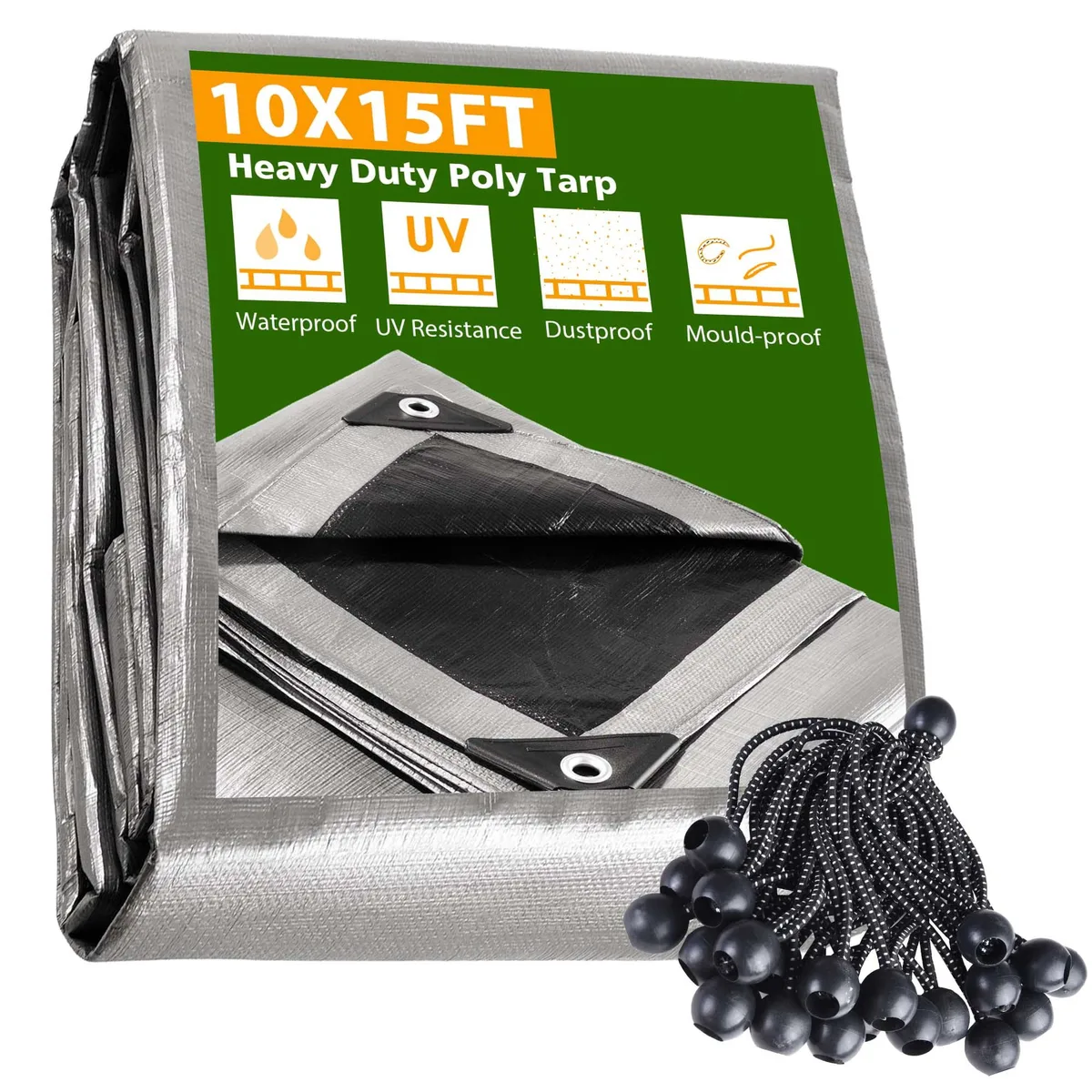 Yescom USA, Inc. Yescom USA, Inc. 07PTRSET001-1015BBC 10x15 ft 10 mil tarp with 25 ball bungees — product photo