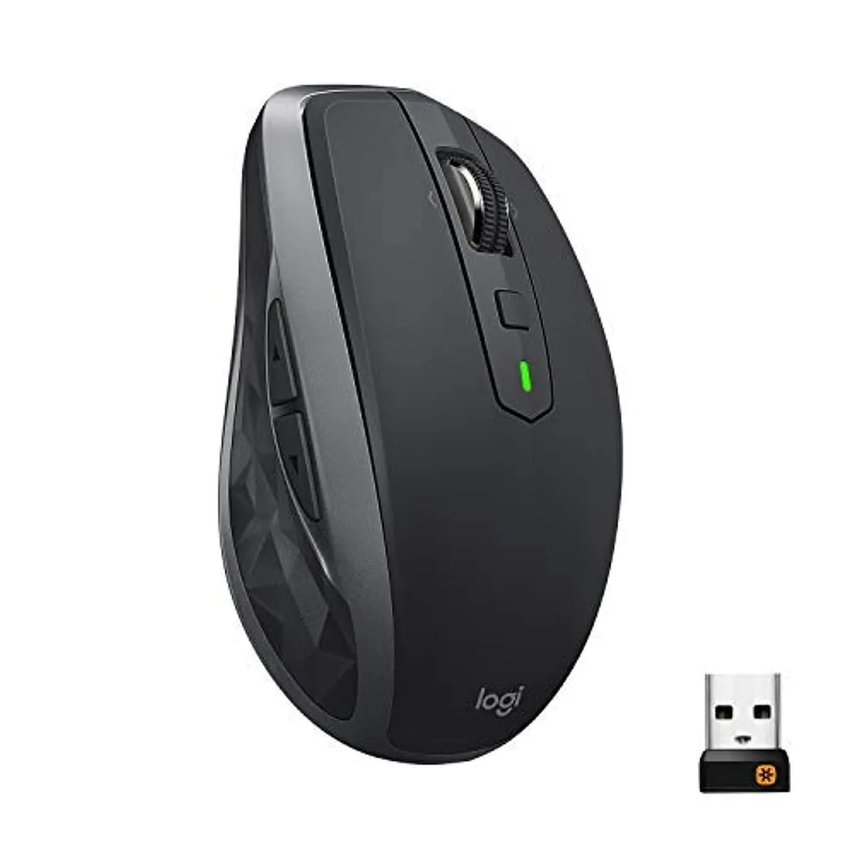 Compact black wireless mouse with sculpted shape and scroll wheel