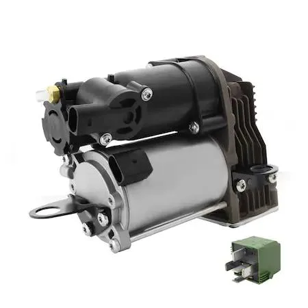 Silver cylindrical air suspension compressor with mounting bracket and electrical connector