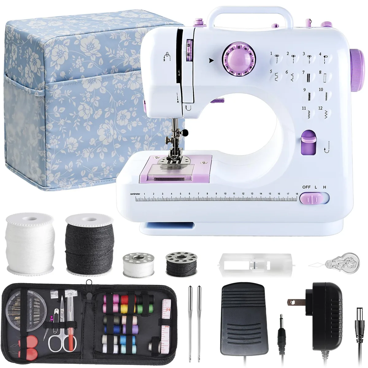  JUCVNB Mini Sewing Machine 12 Stitch Purple White — product photo